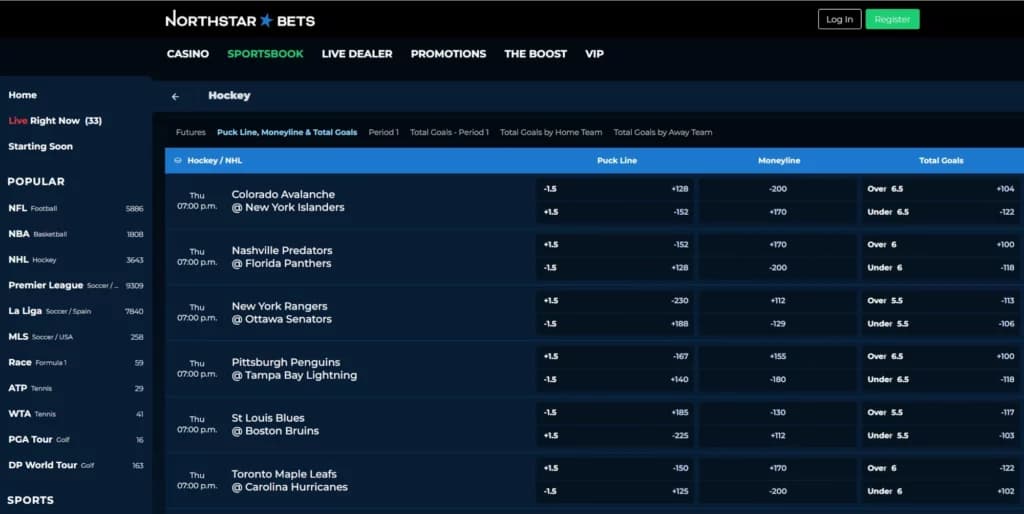 A screenshot of the desktop view of Northstar Bets hockey betting page