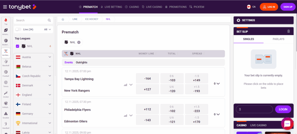 A screenshot desktop view of TonyBet's NHL betting page.