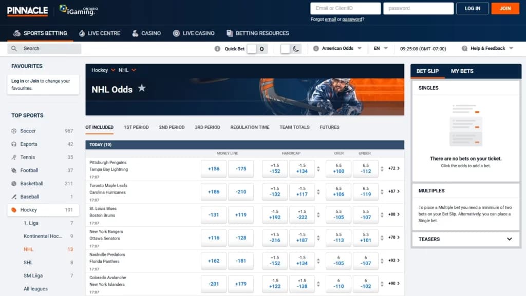 A screenshot of the desktop view of Pinnacle sportsbook's NHL betting page