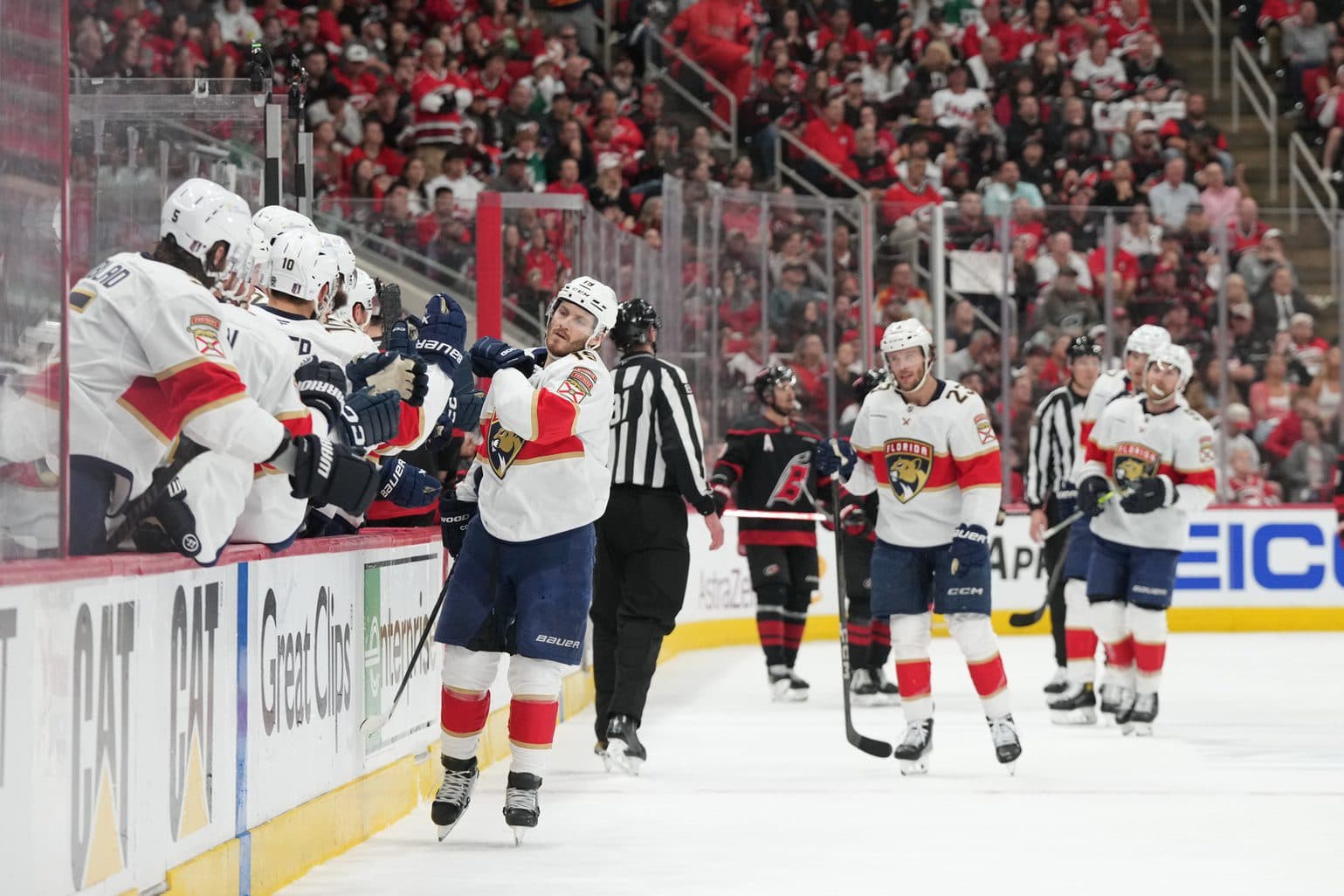 Florida Panthers forward Matthew Tkachuk (19) celebrates scoring during the first period against the Carolina Hurricanes in game two of the Eastern Conference Final of the 2025 Stanley Cup Playoffs at Lenovo Center.