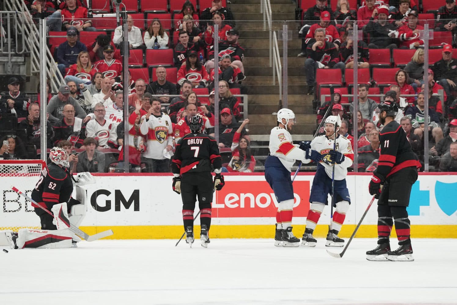 Florida Panthers forward Aleksander Barkov (16) celebrates scoring during the third period against the Carolina Hurricanes in game two of the Eastern Conference Final of the 2025 Stanley Cup Playoffs at Lenovo Center.
