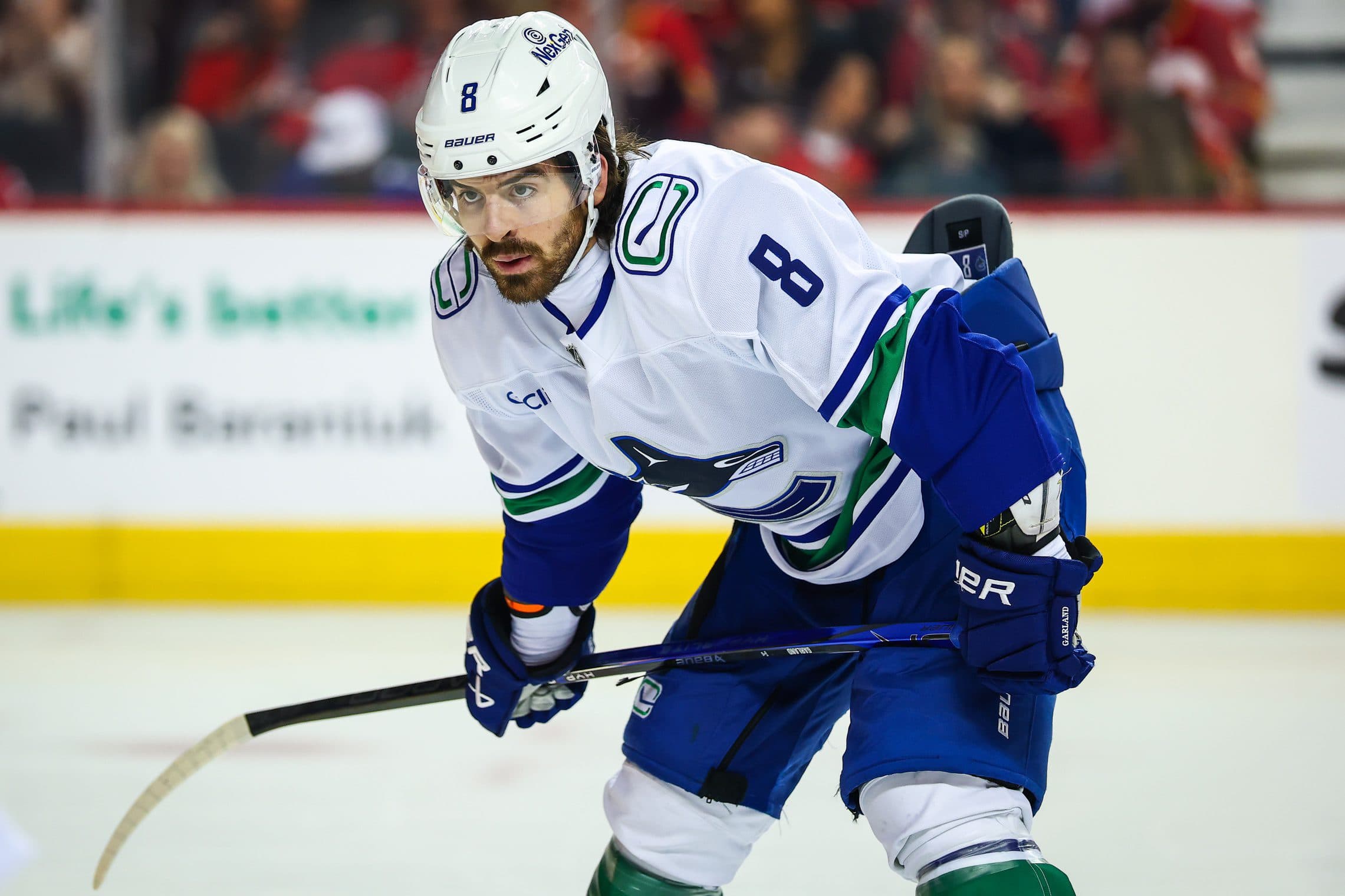 Vancouver Canucks right wing Conor Garland (8) during the face off against the Calgary Flames during the first period at Scotiabank Saddledome.