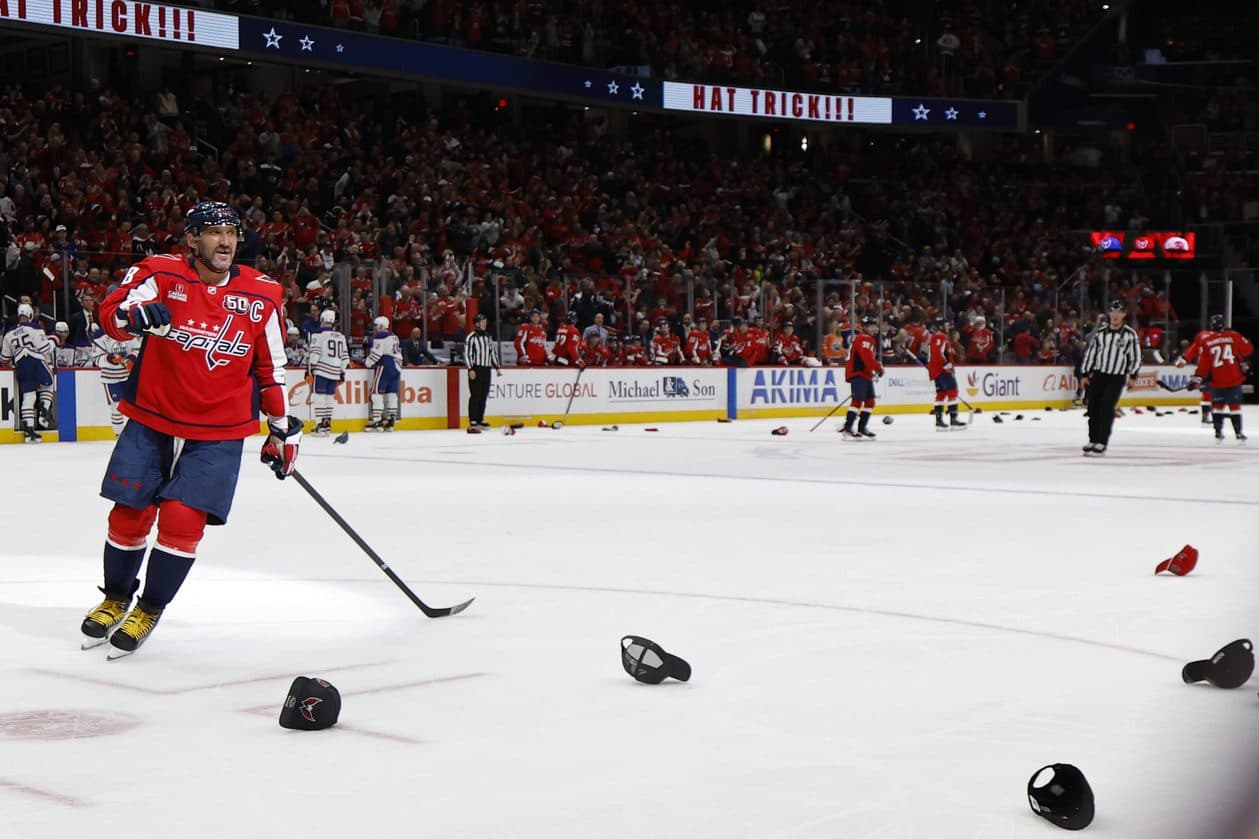 Washington Capitals left wing Alex Ovechkin (8) celebrates after scoring a hat trick goal against the Edmonton Oilers in the third period at Capital One Arena.