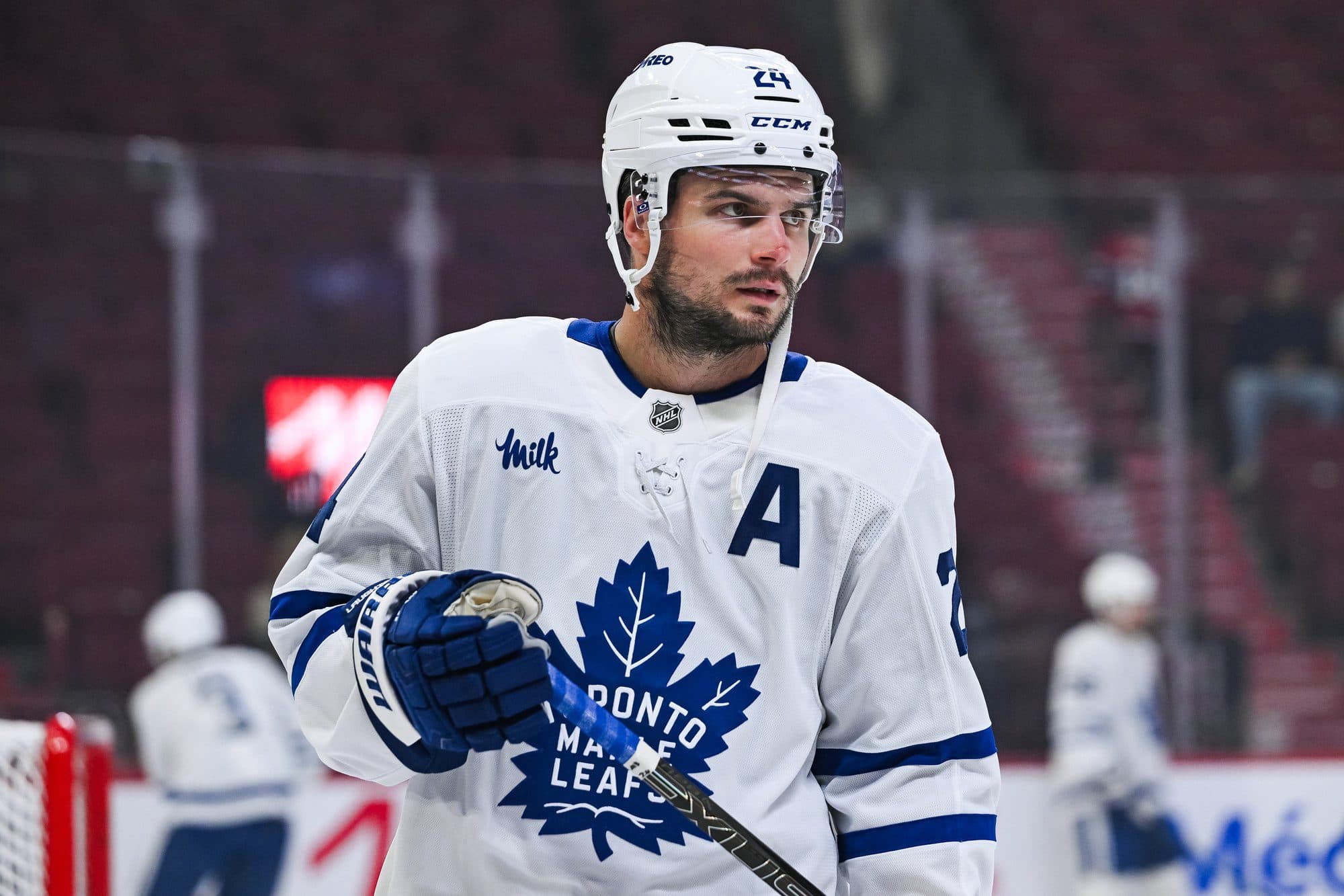 Toronto Maple Leafs forward Scott Laughton (24) looks on during warm-up before the game against the Montreal Canadiens at Bell Centre.