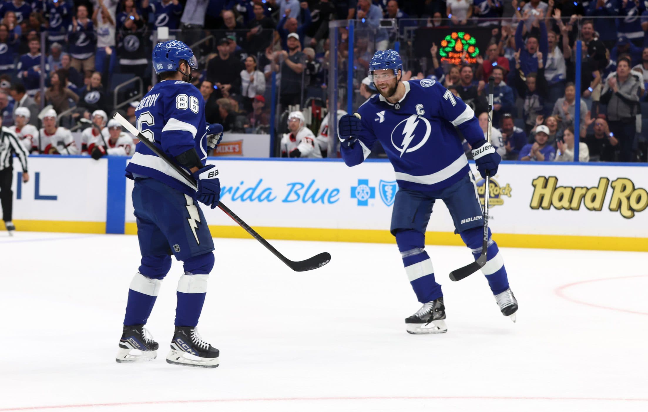 Tampa Bay Lightning right wing Nikita Kucherov (86) is congratulated by defenseman Victor Hedman (77) after he scored a goal against the Ottawa Senators during the first period at Benchmark International Arena.
