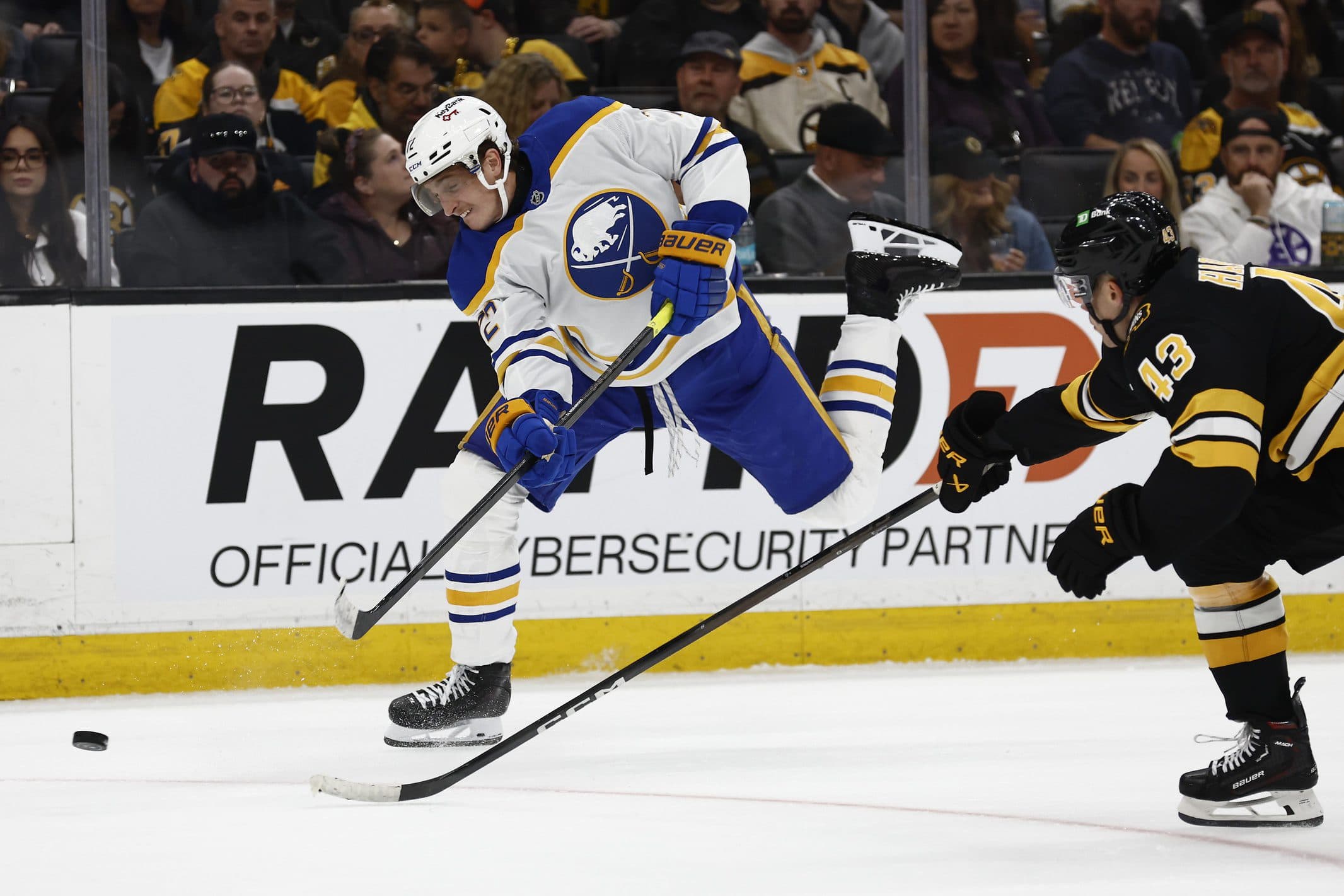 Buffalo Sabres center Tage Thompson (72) lets a shot go past Boston Bruins defenseman Jordan Harris (43) during the second period at TD Garden
