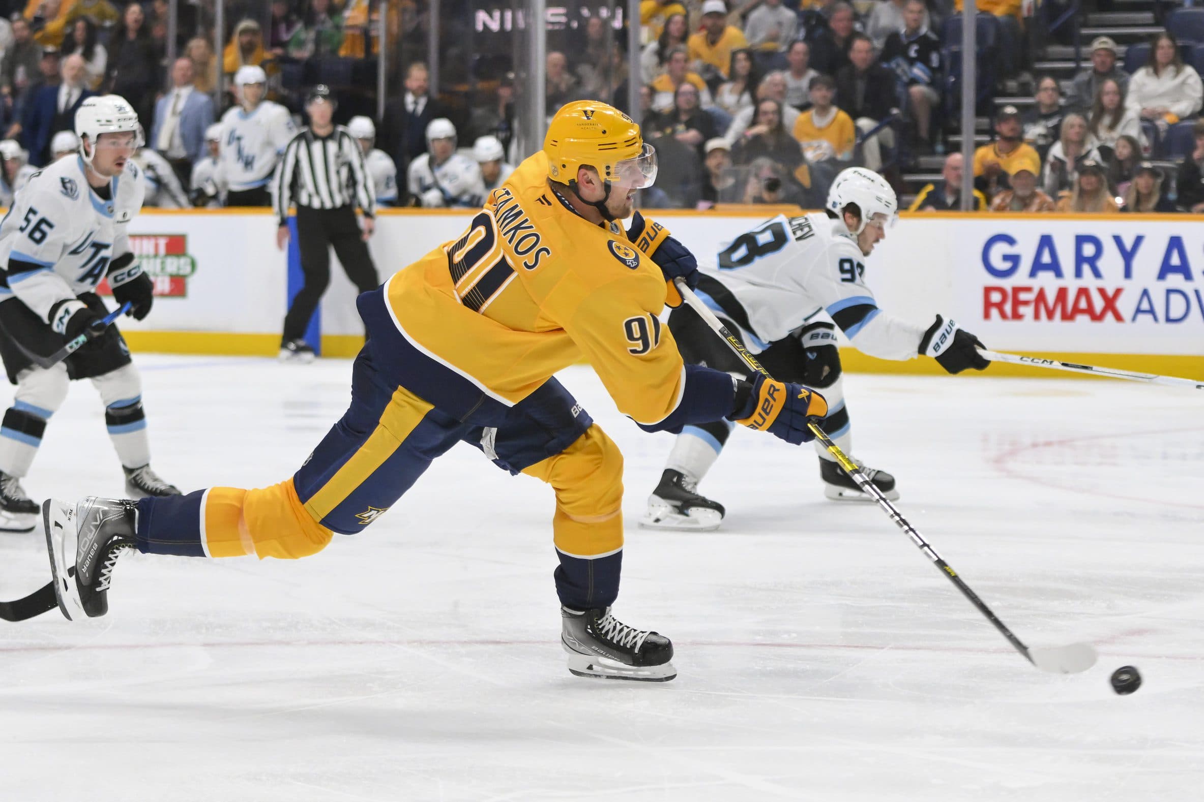 Nashville Predators center Steven Stamkos (91) takes a shot on goal against the Utah Mammoth during the third period at Bridgestone Arena