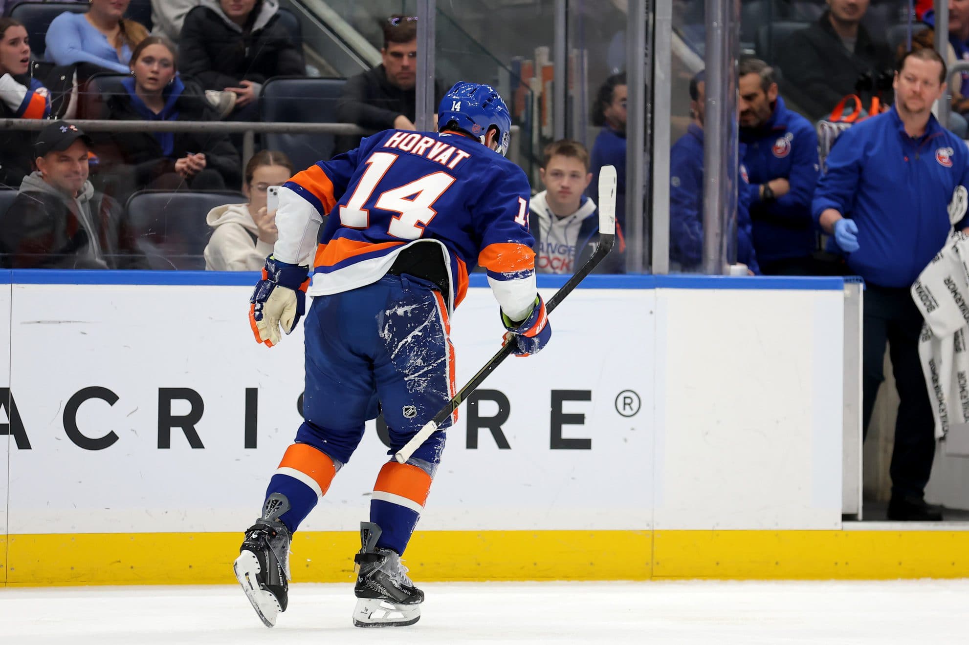 New York Islanders center Bo Horvat (14) skates off the ice after a lower body injury during the second period against the Anaheim Ducks at UBS Arena.