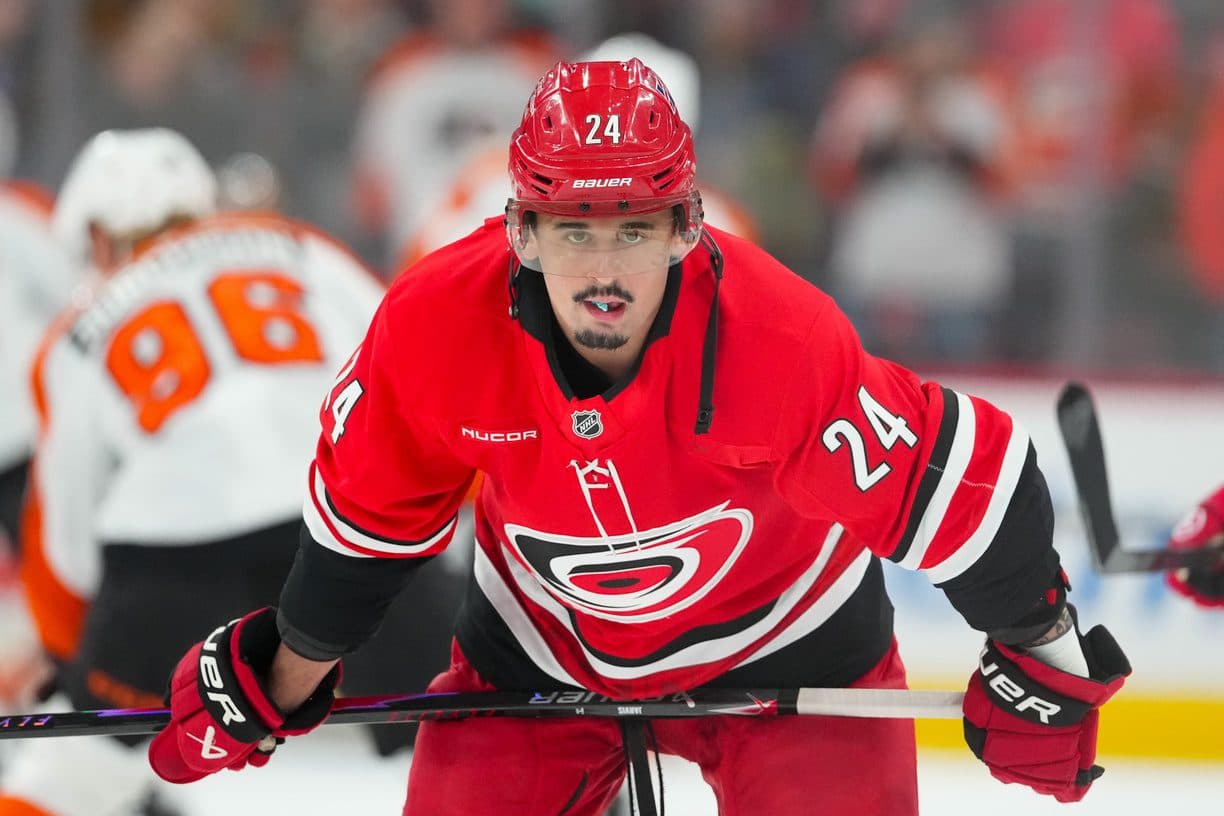 Carolina Hurricanes center Seth Jarvis (24) looks on during the warmups before the game against the Philadelphia Flyers at Lenovo Center.