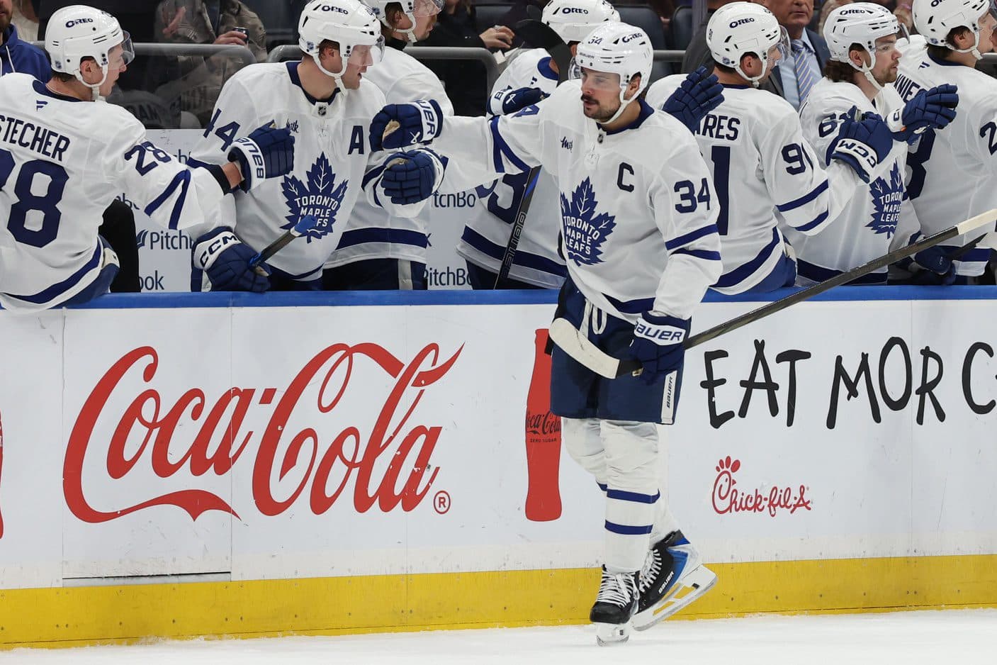Toronto Maple Leafs center Auston Matthews (34) celebrates after scoring a goal against the New York Islanders during the second period at UBS Arena.