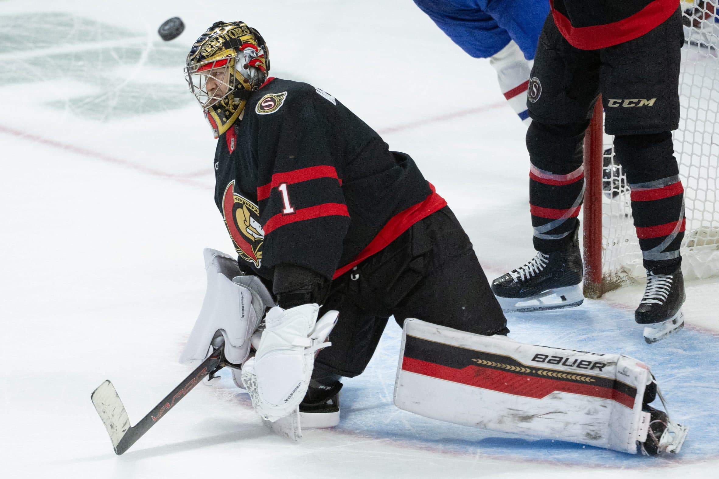 Ottawa Senators goalie Leevi Merilainen (1) reacts after losing the game to an overtime goal scored by the Montreal Canadiens in overtime at the Canadian Tire Centre.