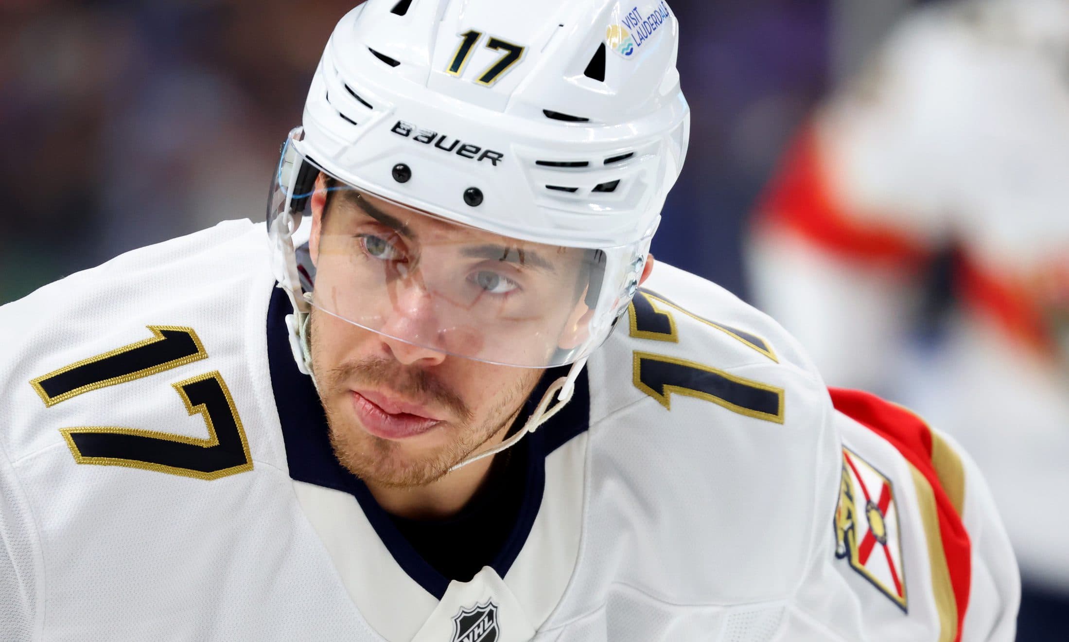 Florida Panthers center Evan Rodrigues (17) waits for the face-off during the first period against the Buffalo Sabres at KeyBank Center.
