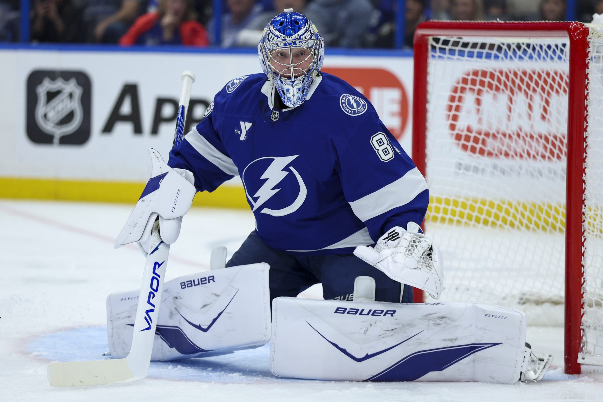 Tampa Bay Lightning goaltender Andrei Vasilevskiy (88) looks on against the Detroit Red Wings in the second period at Benchmark International Arena.