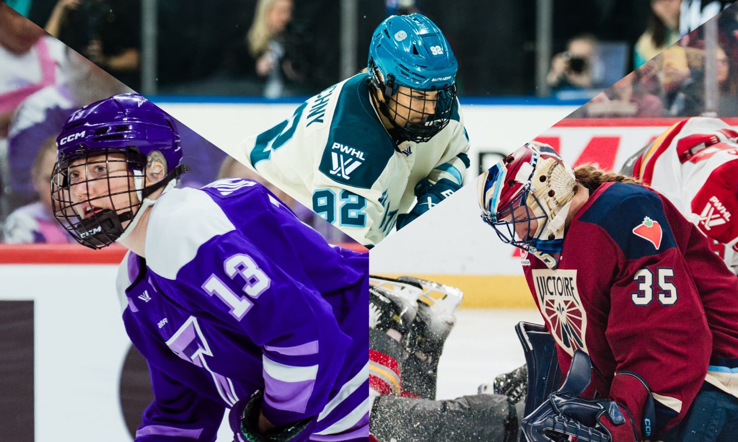 Minnesota Frost forward Grace Zumwinkle, Victoire de Montréal's Ann-Renee Desbiens, Seattle Torrent forward Danielle Serdachny