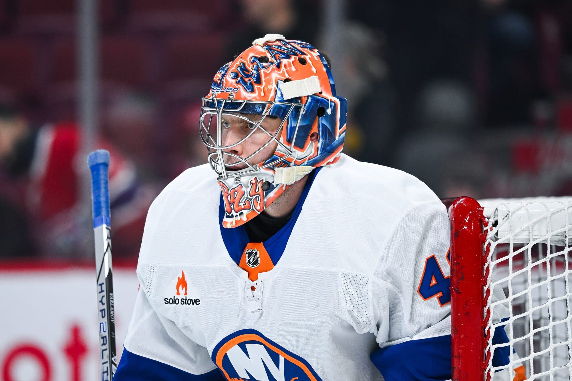 New York Islanders goalie Semyon Varlamov (40) looks on during warm-up before the game against the Montreal Canadiens at Bell Centre.