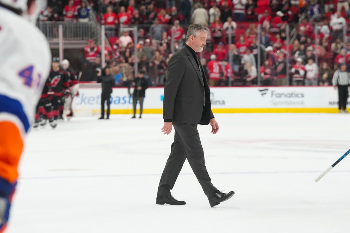 New York Islanders head coach Patrick Roy walks off the ice after their loss to the Carolina Hurricanes at Lenovo Center.