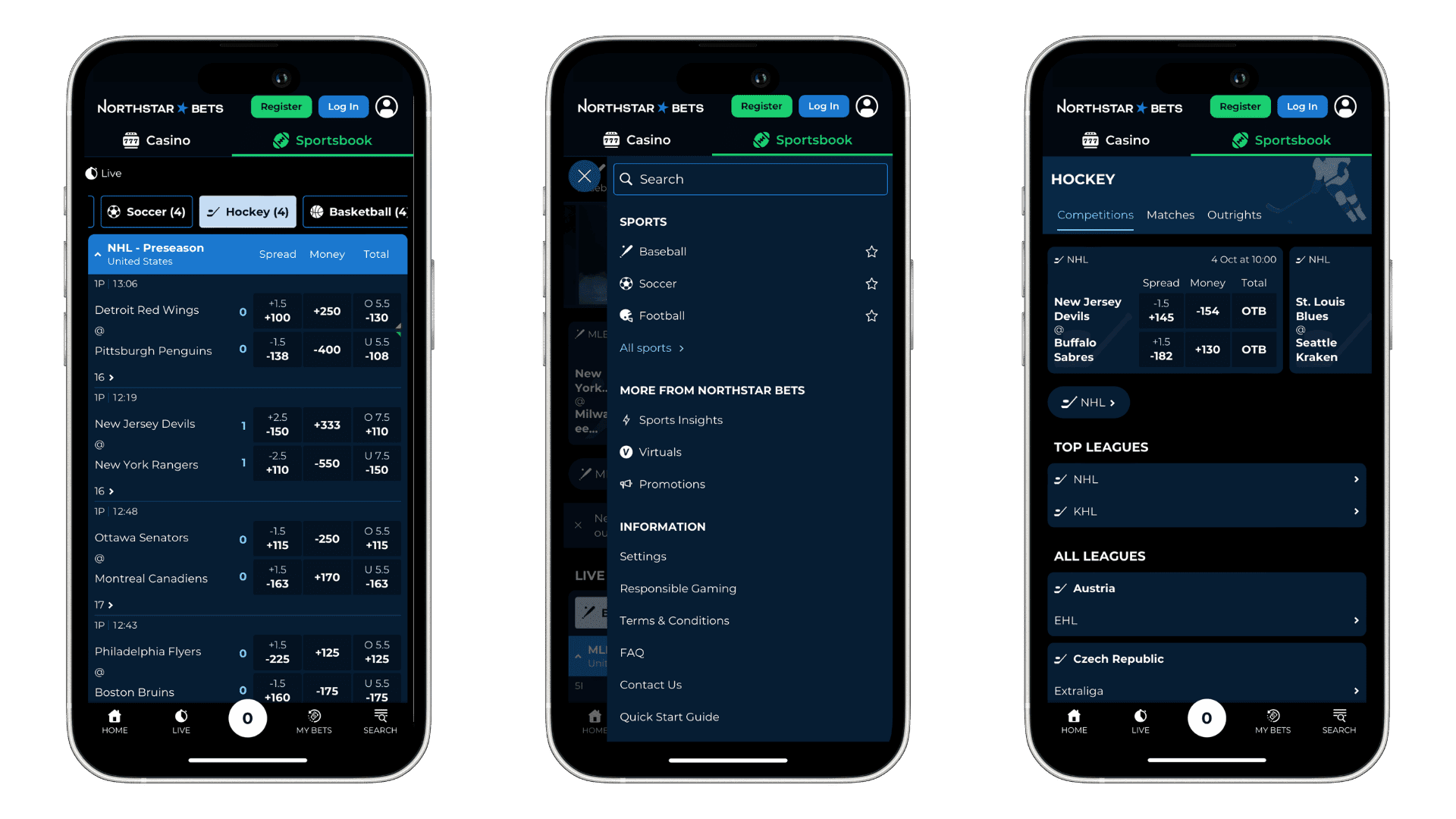 three screenshot mockups of the northstar bets app