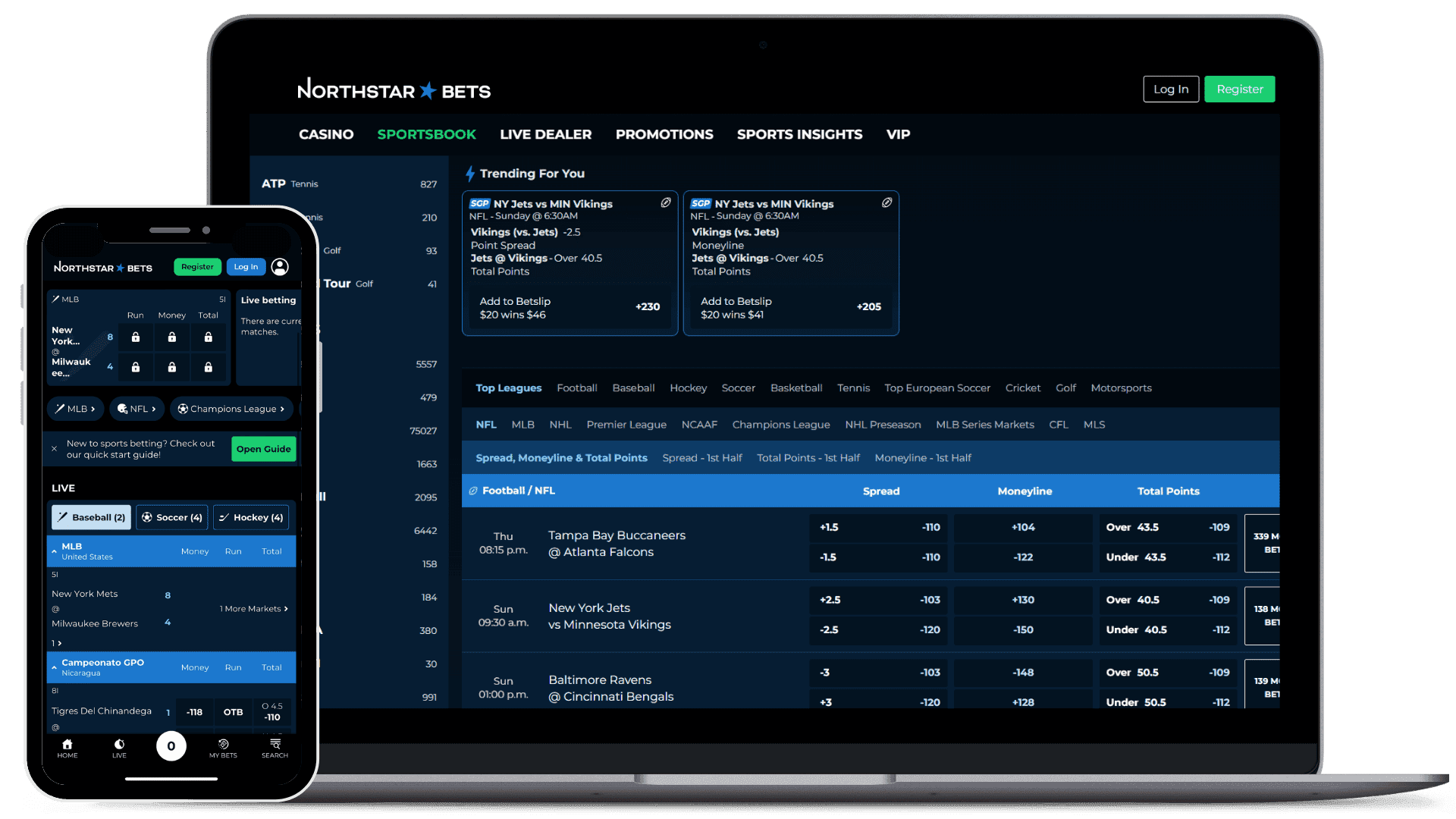 laptop and iphone mockup of NorthStar bets' homepage.