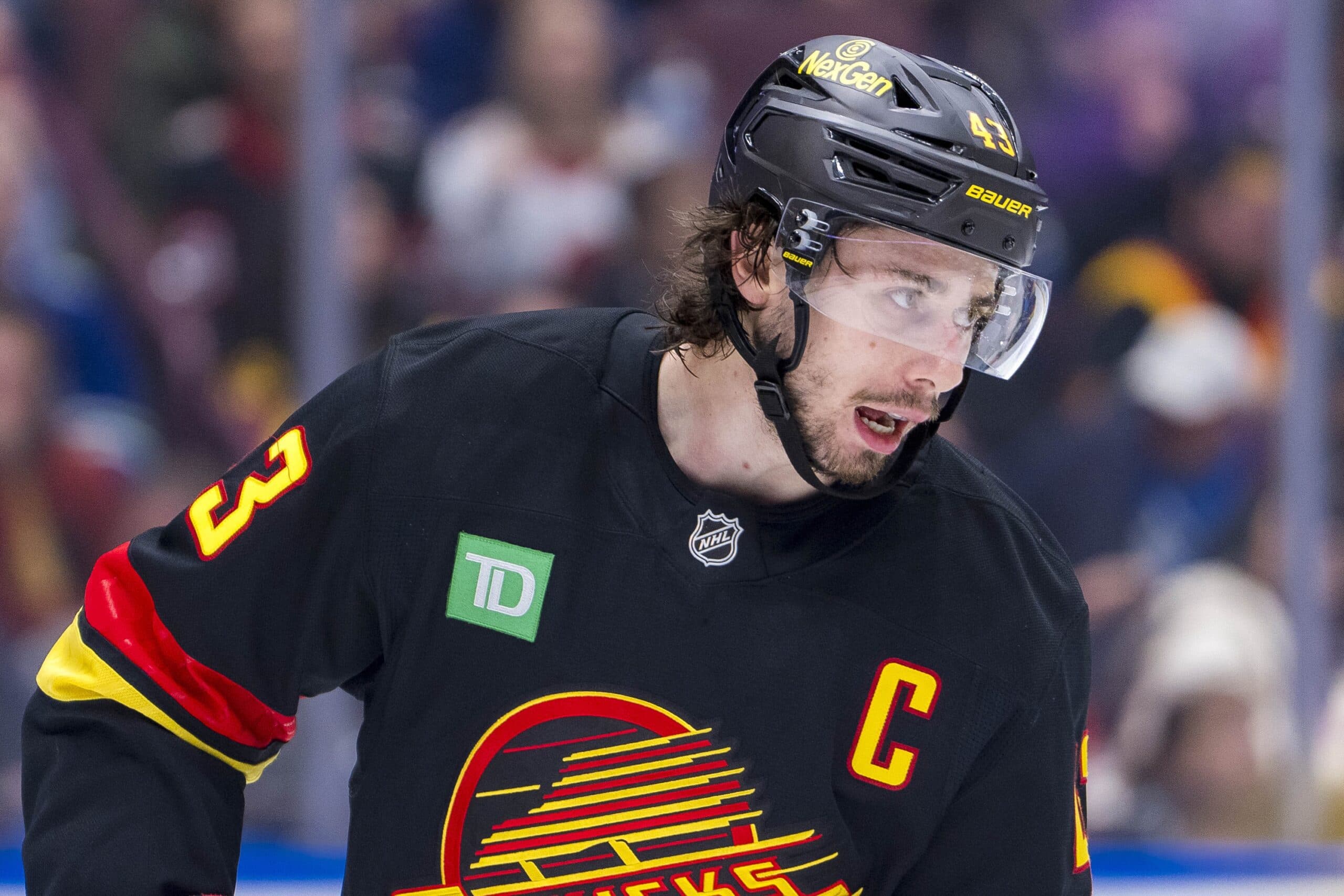 Vancouver Canucks defenseman Quinn Hughes (43) during a stop in play against the Ottawa Senators in the third period at Rogers Arena.