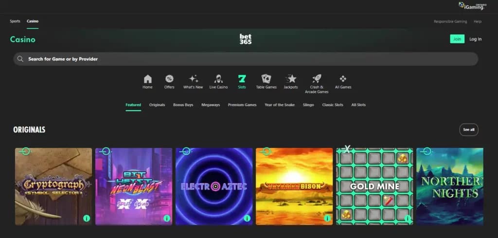 Screenshot of bet365 Ontario Casino Desktop Platform