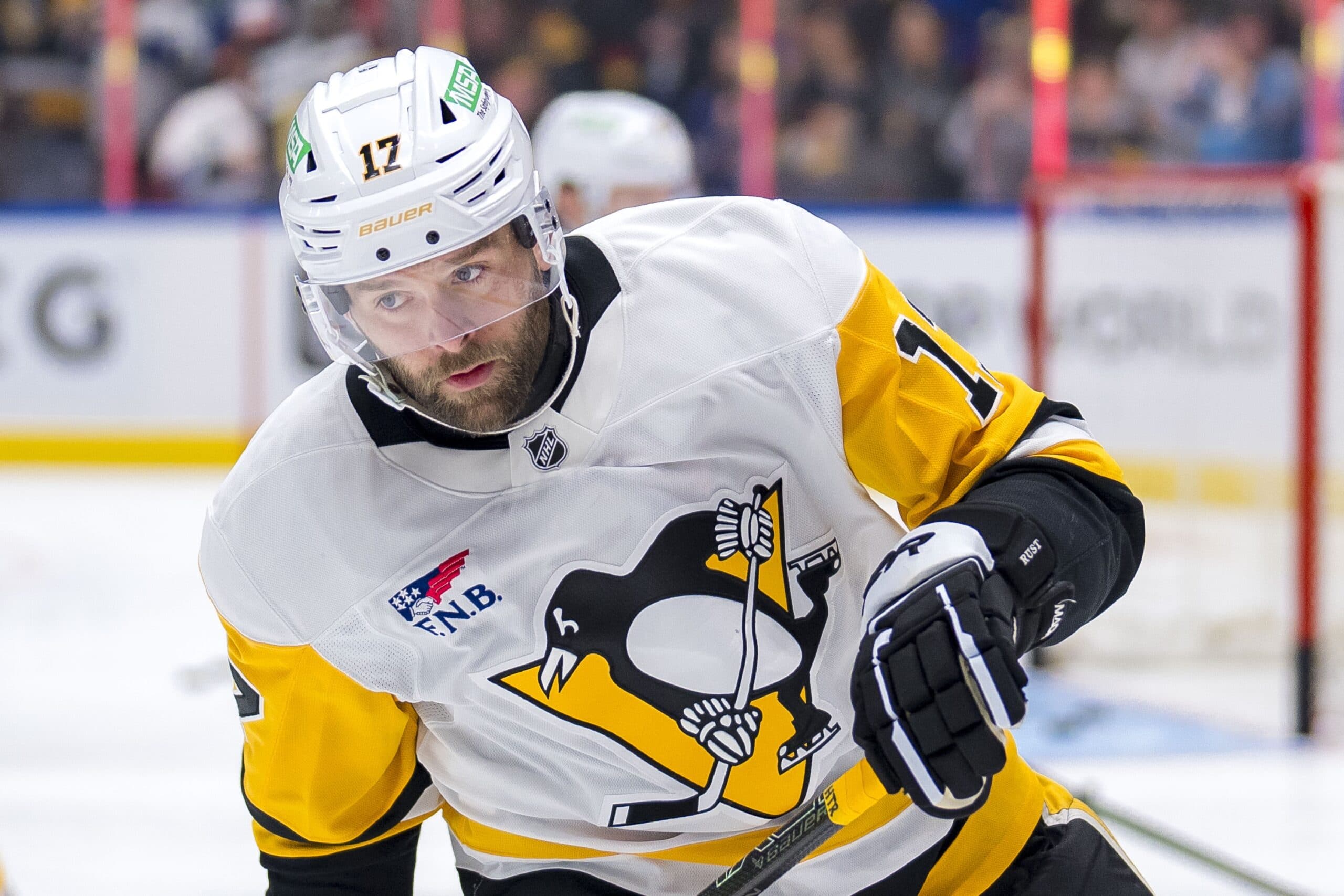 Pittsburgh Penguins forward Bryan Rust (17) skates during warm up prior to a game against the Vancouver Canucks at Rogers Arena.