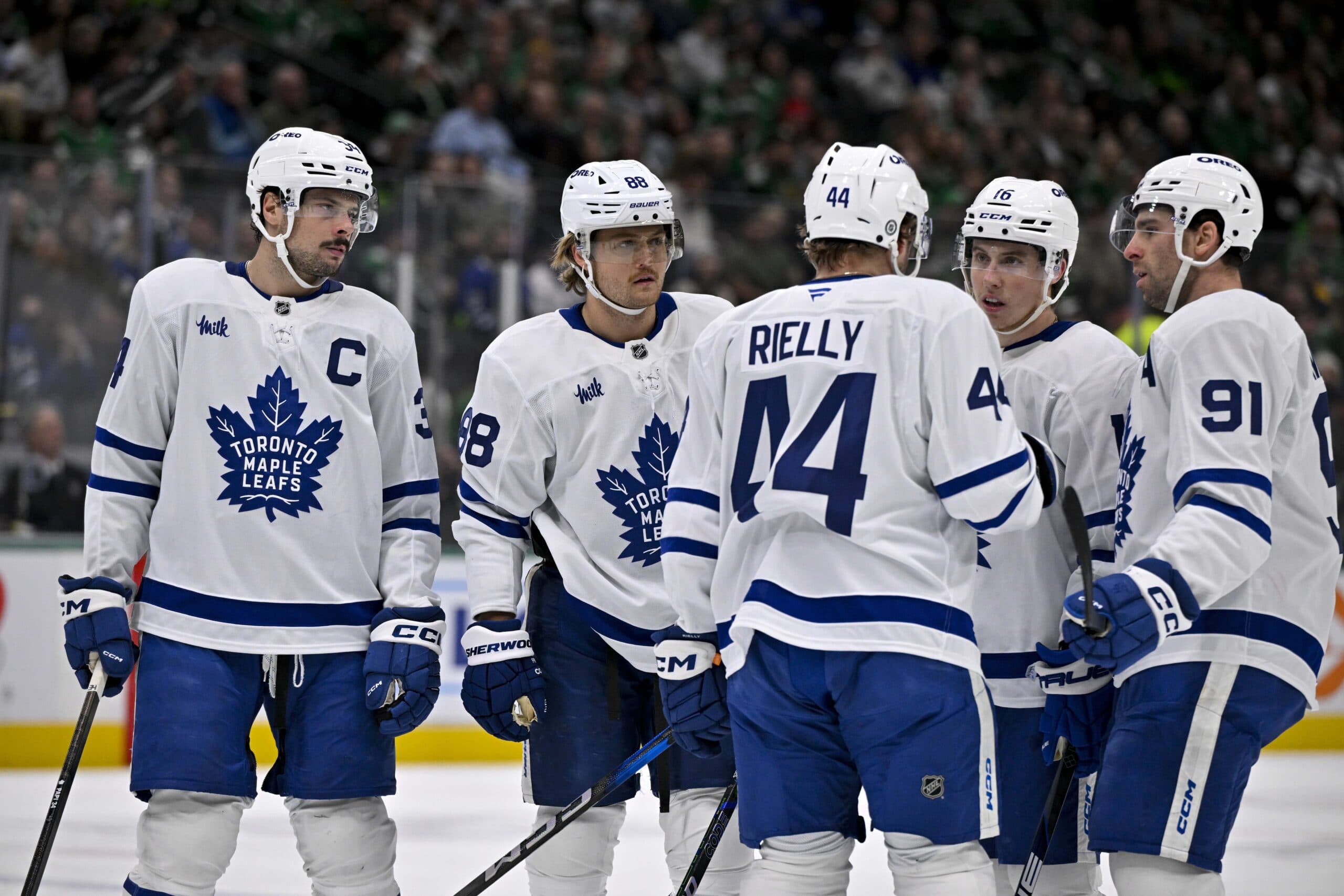 Toronto Maple Leafs center John Tavares (91) and right wing William Nylander (88) and defenseman Morgan Rielly (44) and center Auston Matthews (34) and right wing Mitch Marner (16) prepare to go on the power play against the Dallas Stars during the first period at the American Airlines Center.