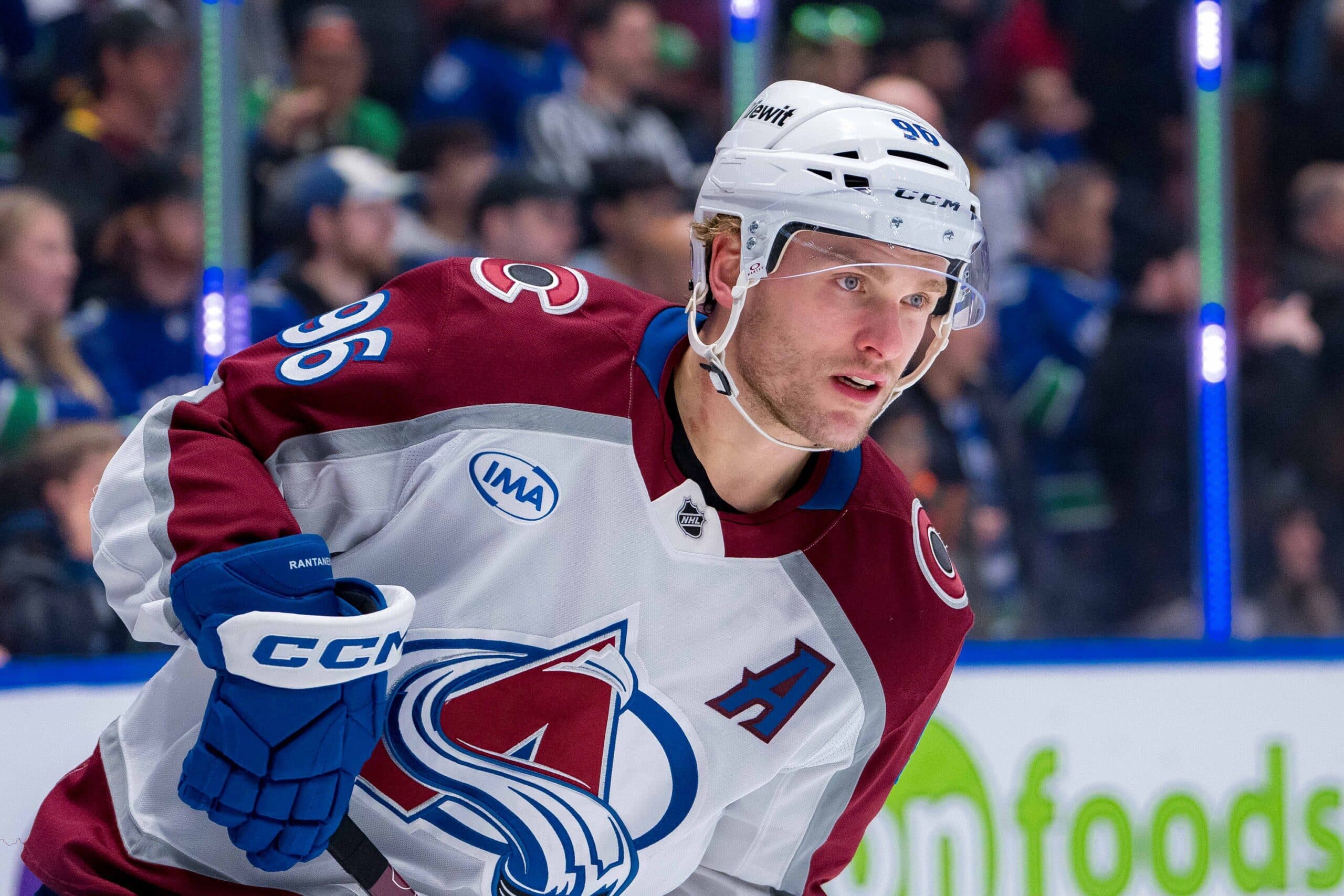 Colorado Avalanche forward Mikko Rantanen (96) skates during warm up prior to a game against the Vancouver Canucks at Rogers Arena.