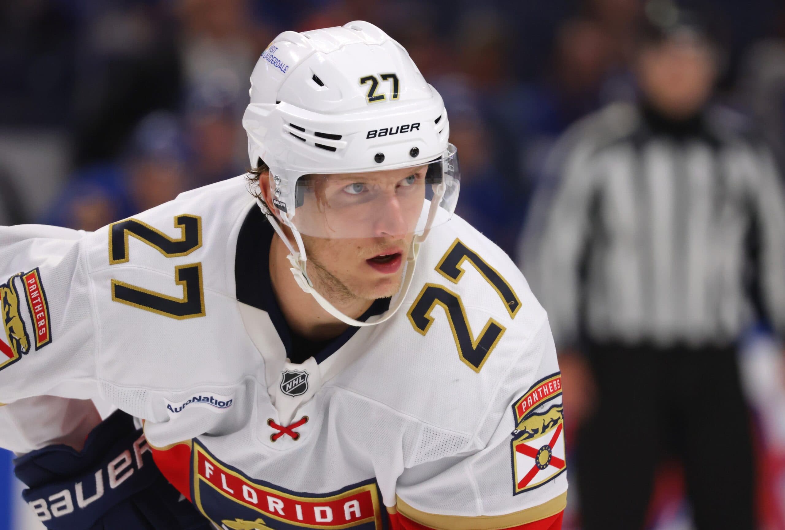 Florida Panthers center Eetu Luostarinen (27) waits for the face-off during the third period against the Buffalo Sabres at KeyBank Center.