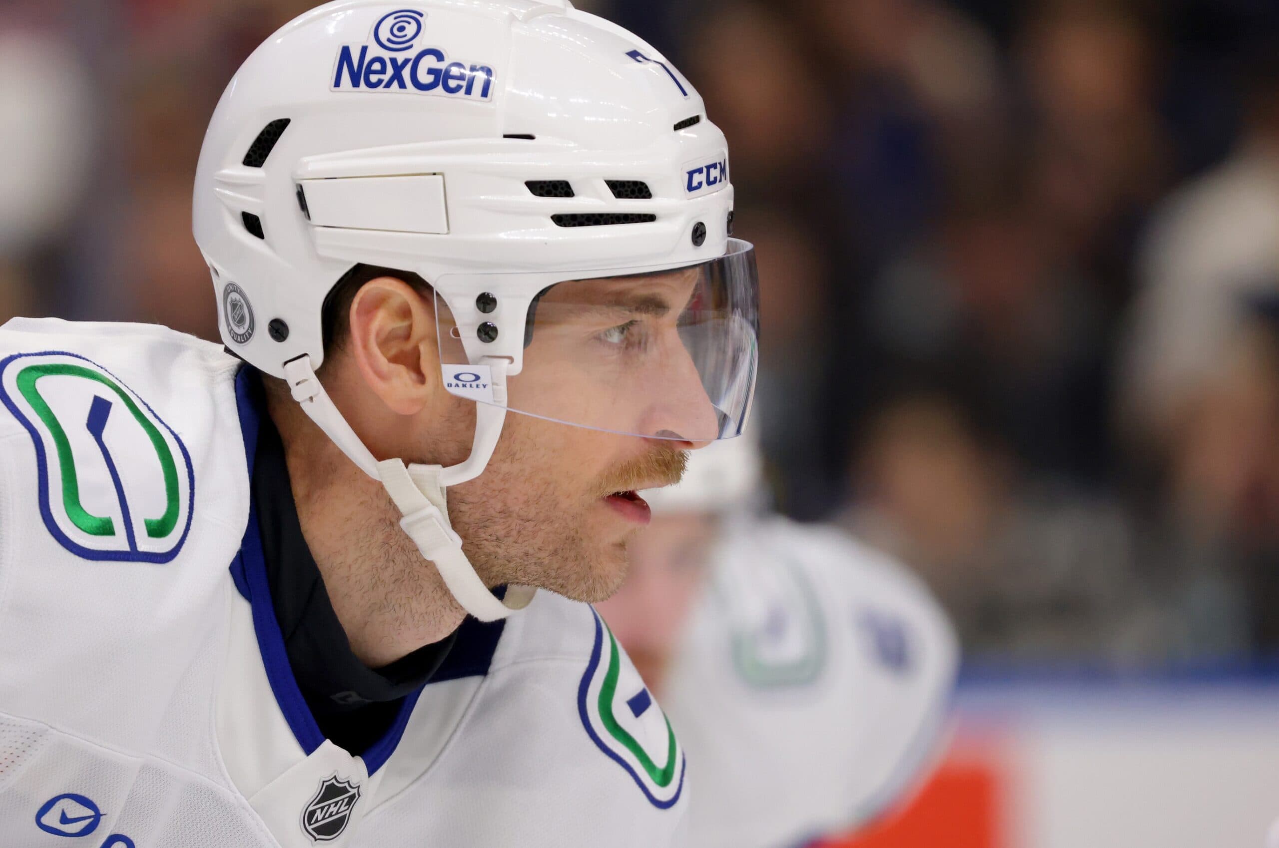Vancouver Canucks defenseman Carson Soucy (7) waits for the face-off during the second period against the Buffalo Sabres at KeyBank Center.