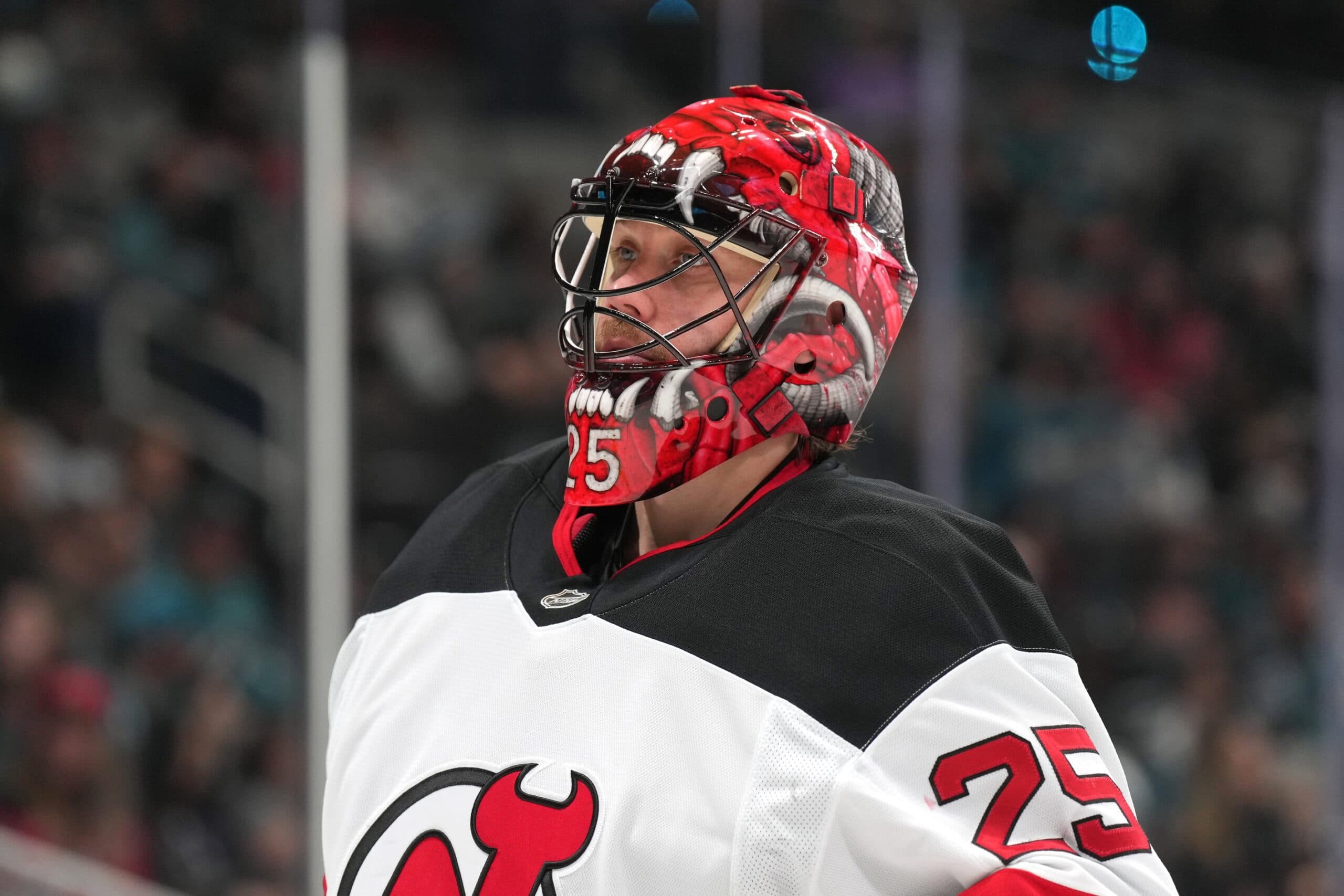 New Jersey Devils goaltender Jacob Markstrom (25) during the second period against the San Jose Sharks at SAP Center at San Jose.
