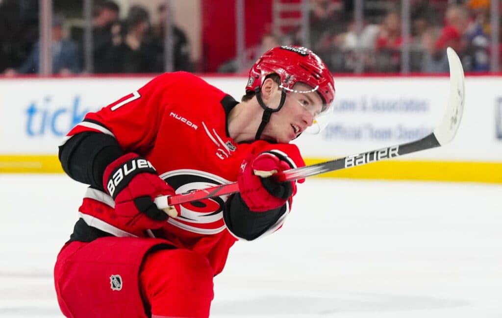 Carolina Hurricanes right wing Andrei Svechnikov (37) takes a shot against the Toronto Maple Leafs during the third period at Lenovo Center.