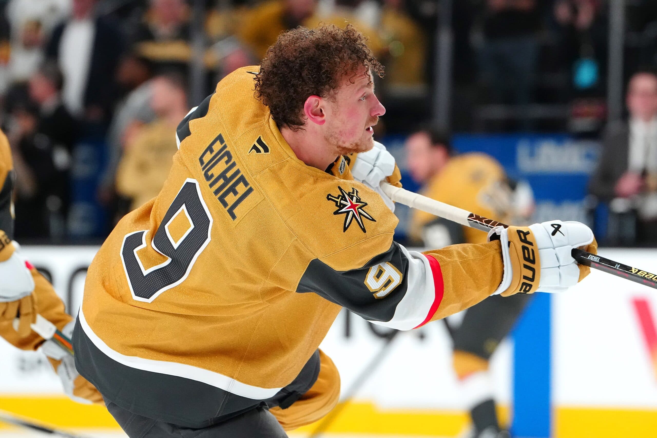 Vegas Golden Knights center Jack Eichel (9) warms up before the start of game two of the first round of the 2025 Stanley Cup Playoffs against the Minnesota Wild at T-Mobile Arena.