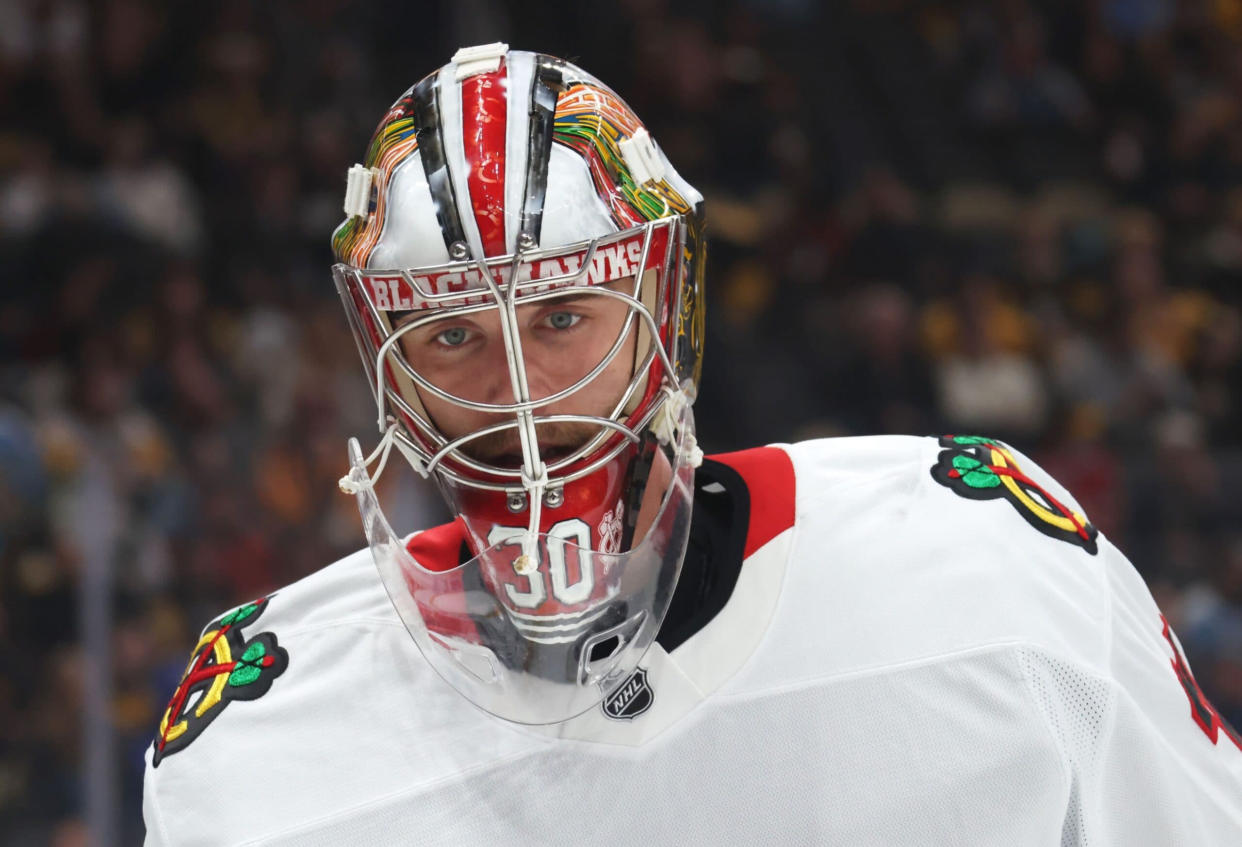 Chicago Blackhawks goaltender Spencer Knight (30) looks on during the first period against the Pittsburgh Penguins at PPG Paints Arena.