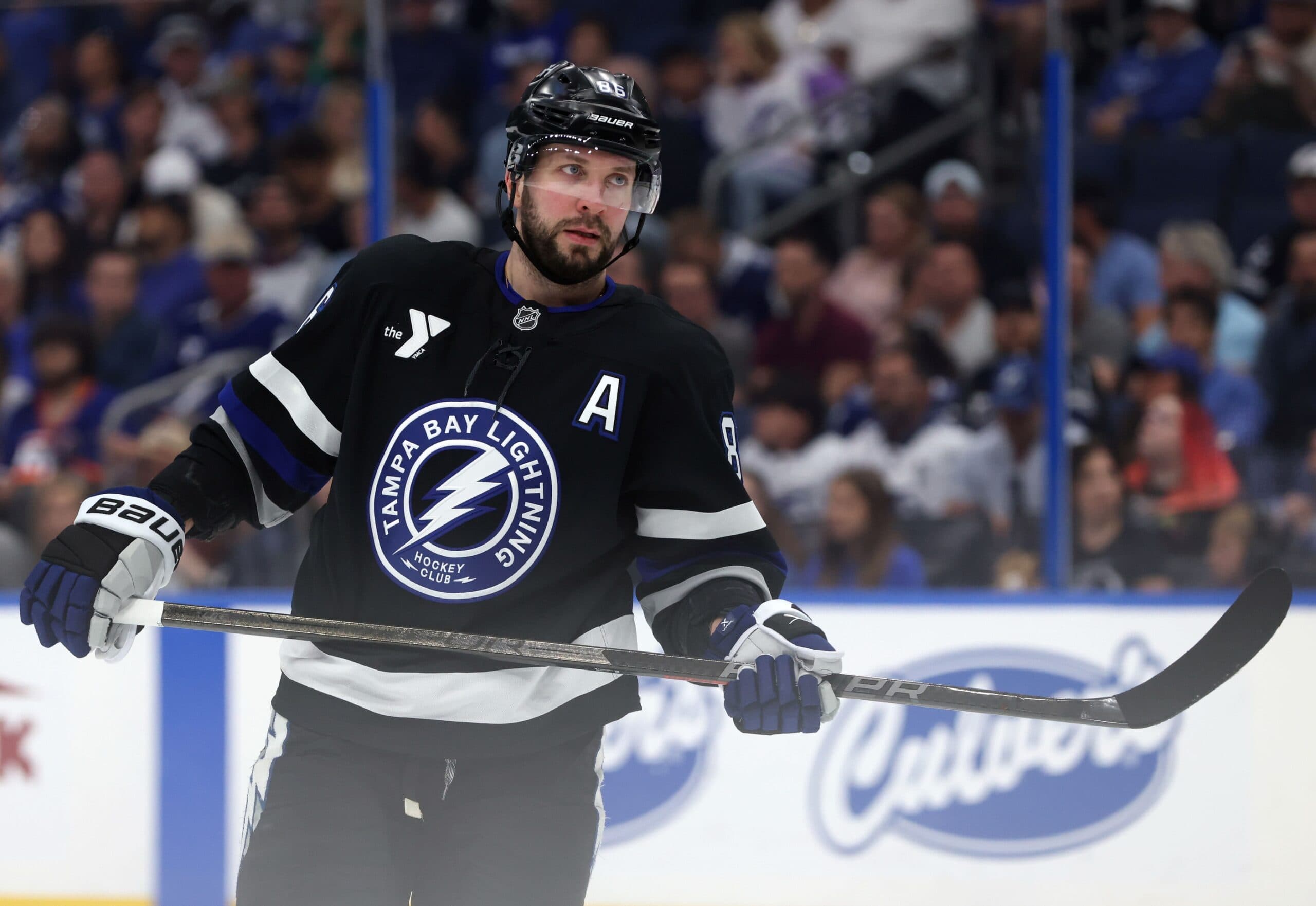 Tampa Bay Lightning right wing Nikita Kucherov (86) looks on against the New York Islanders during the first period at Amalie Arena