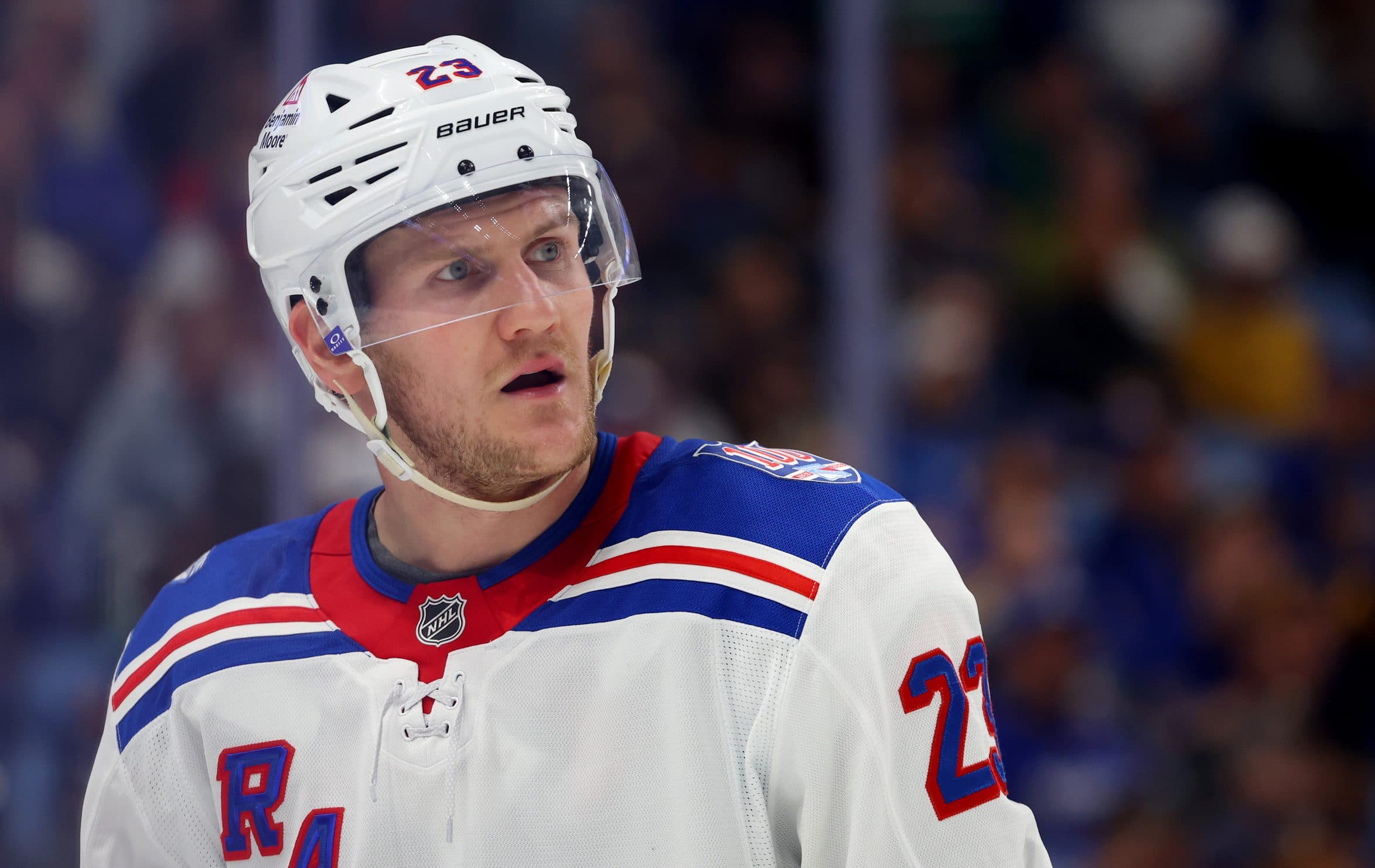 New York Rangers defenseman Adam Fox (23) during a stoppage in play against the Buffalo Sabres during the third period at KeyBank Center.
