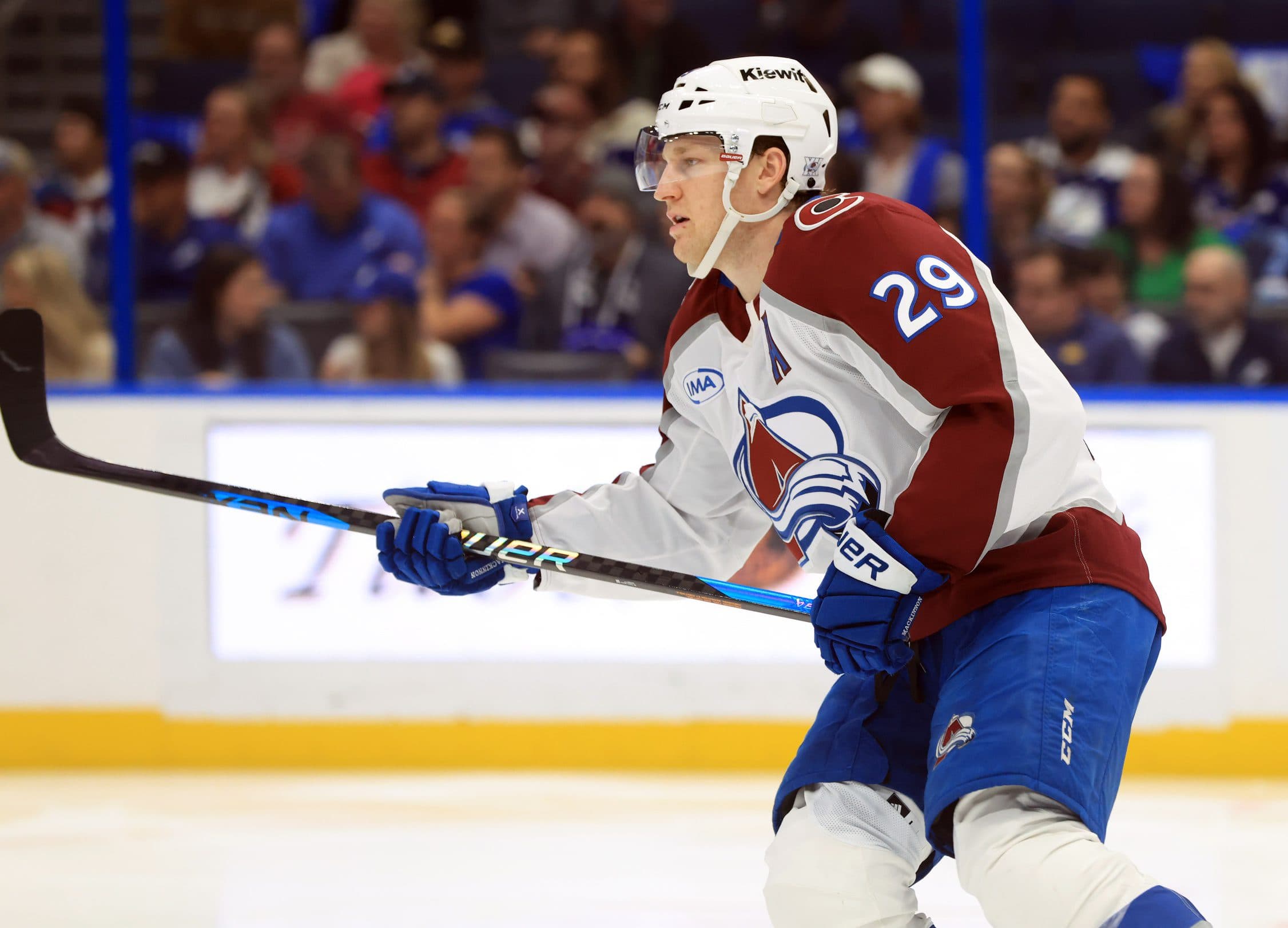 Colorado Avalanche center Nathan MacKinnon (29) skates against the Tampa Bay Lightning during the third period at Benchmark International Arena.
