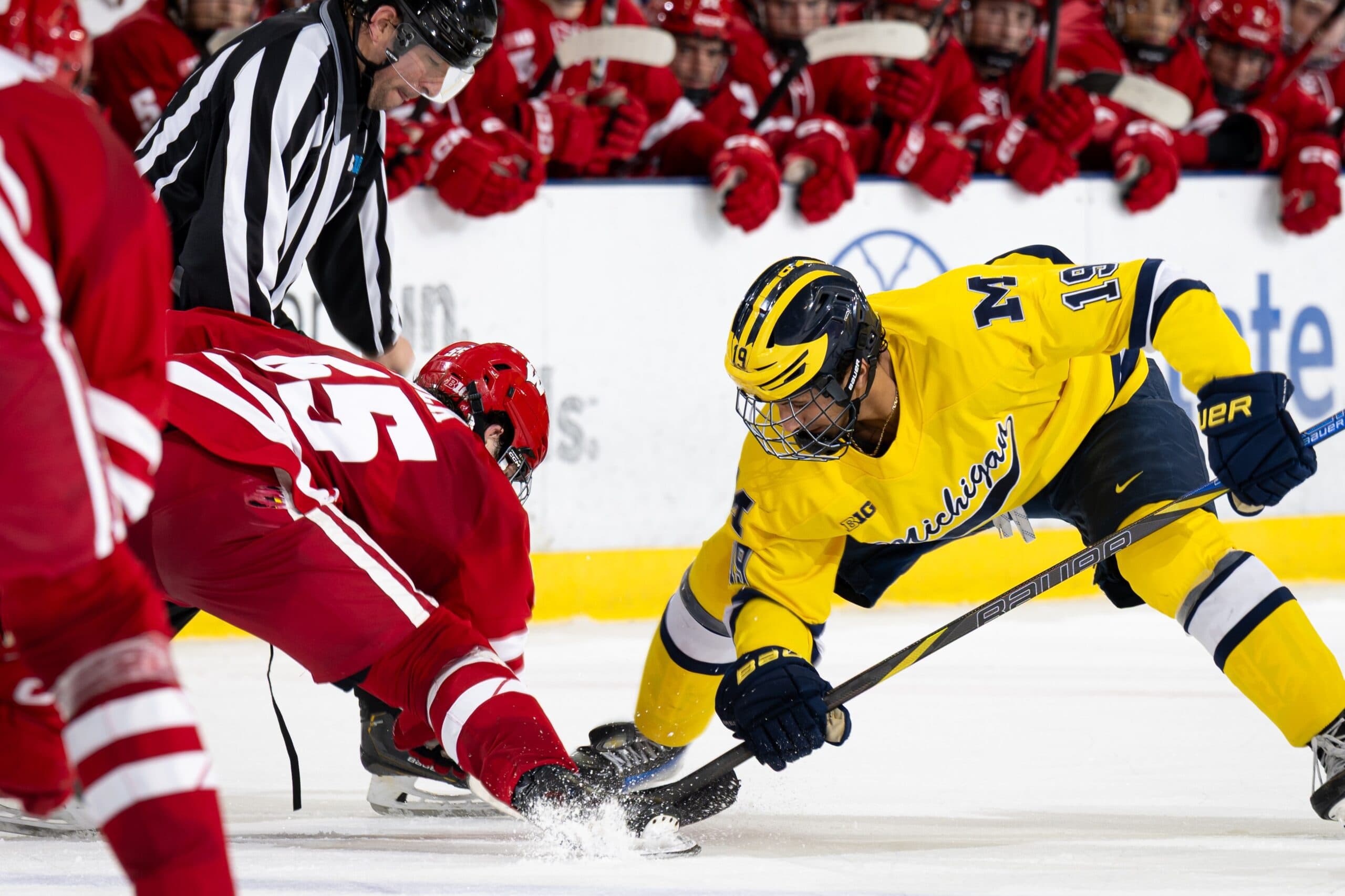Wisconsin Badgers forward Oliver Tulk, Michigan Wolverines forward Michael Hage