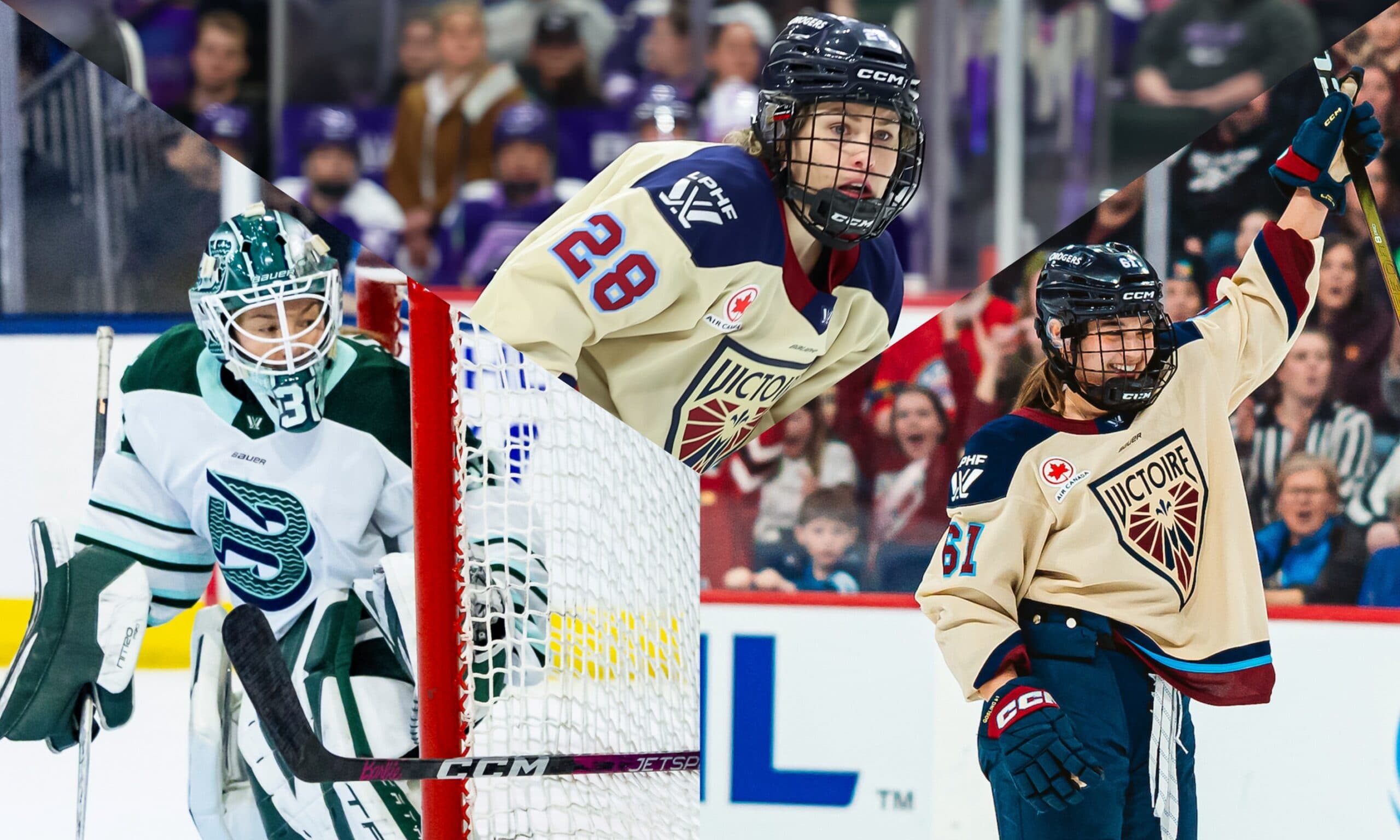 Montreal Victoire defender, Nicole Gosling, Montreal Victoire forward Catherine Dubois, Boston Fleet goaltender Aerin Frankel